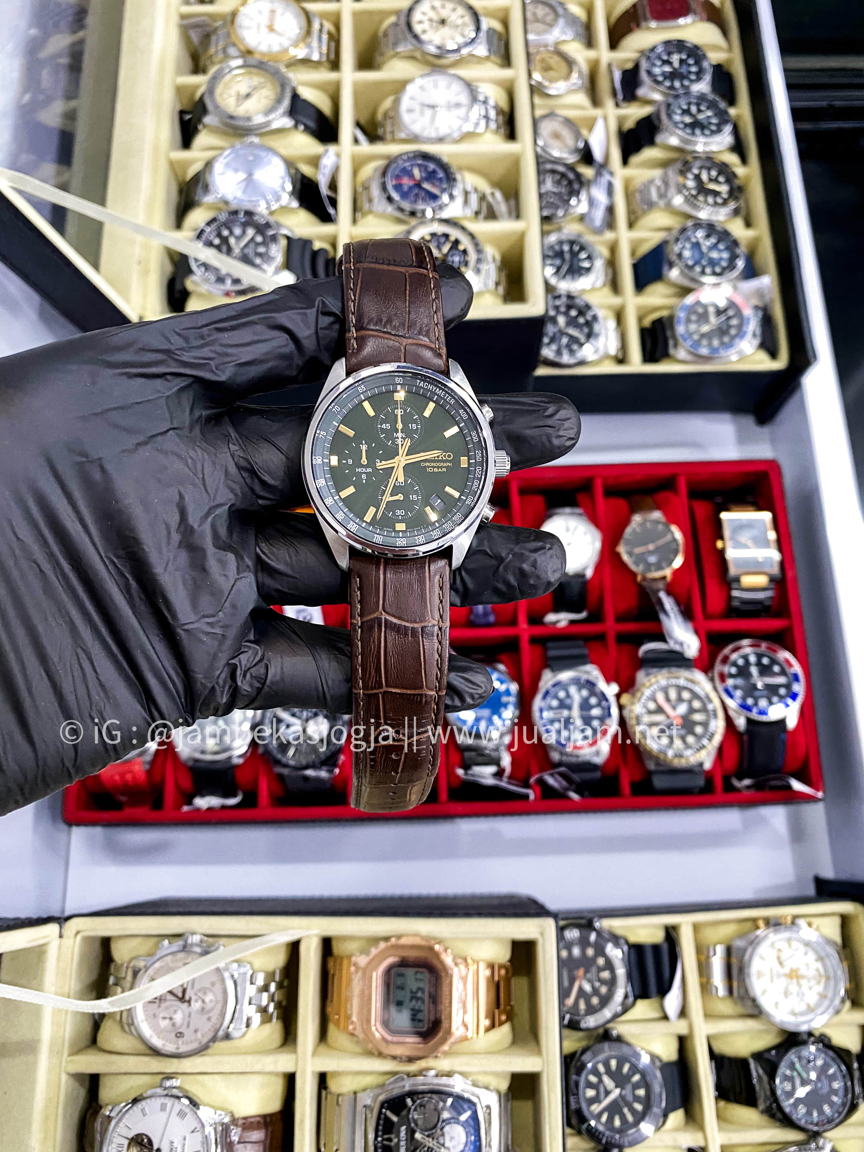 (SKU 249)  Seiko Chronograph SSB385P1 Green Dial Brown Leather Strap  GARANSI RESMI FEBRUARI 2028