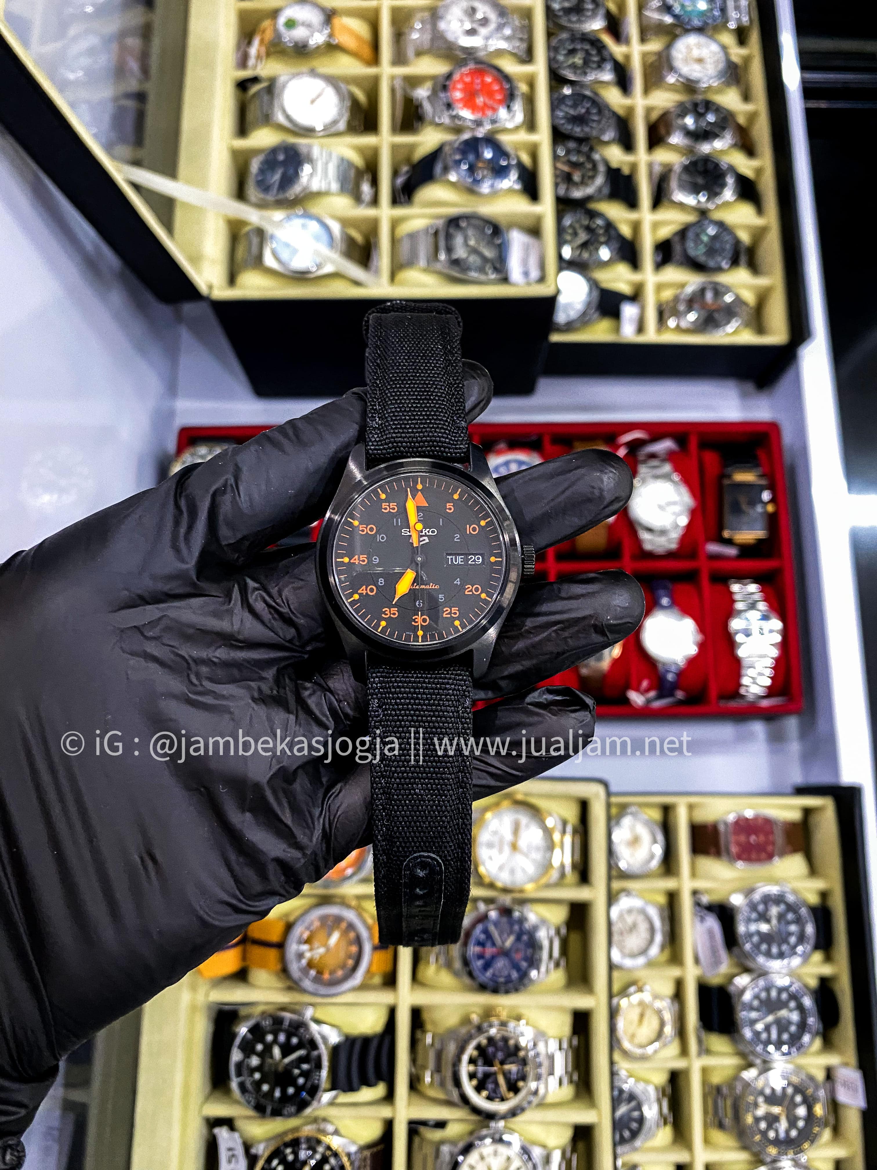 (SKU 264) Seiko 5 Sports SRPH33K1 Field Street Style Flieger Automatic Black Dial Black Nylon Strap