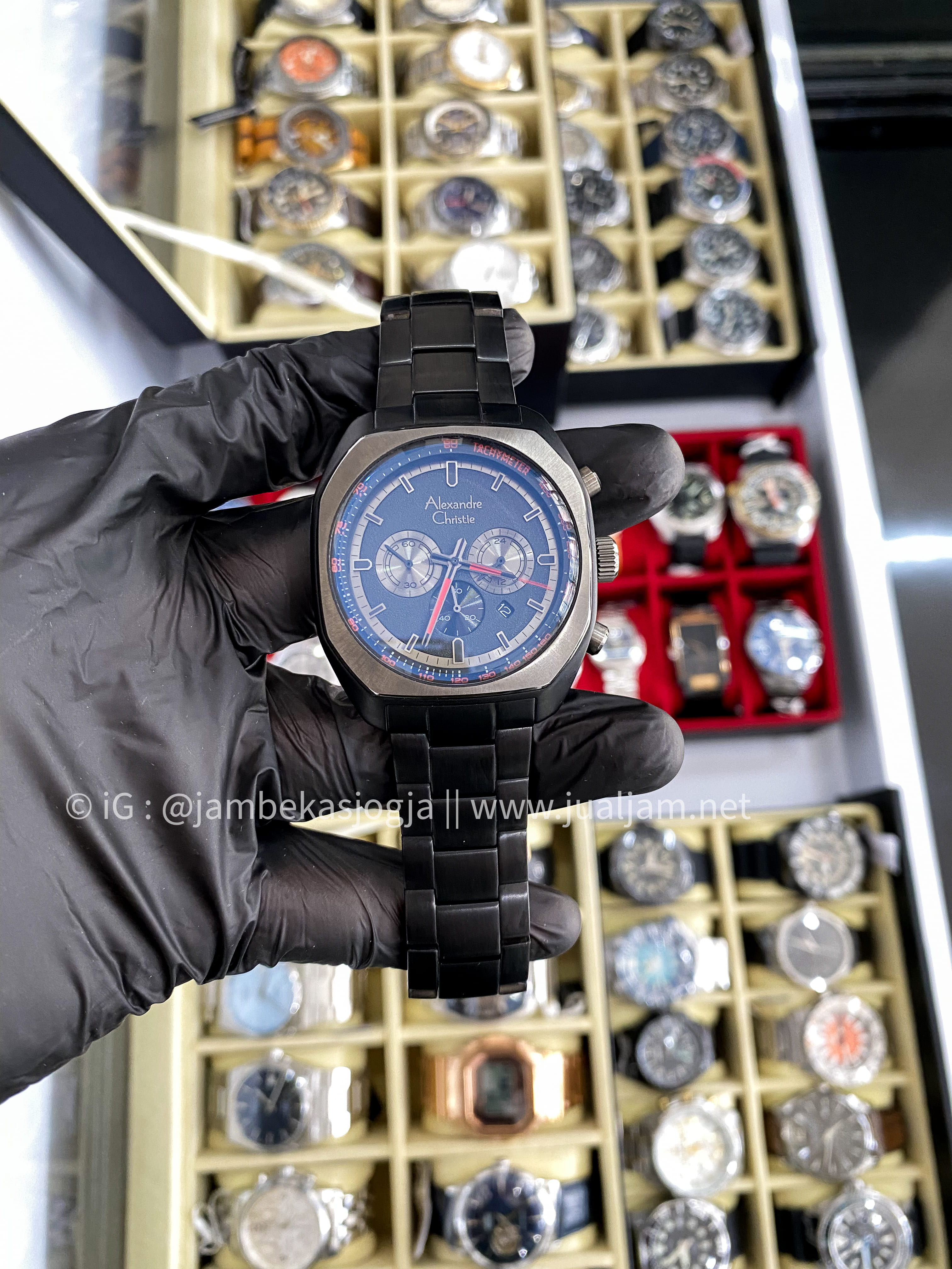 ( SKU 275 ) Alexandre Christie Chronograph AC 6666 MC BEPBARE Men Black Stainless Steel Strap + Extra Strap  GARANSI RESMI SEPTEMBER  2025