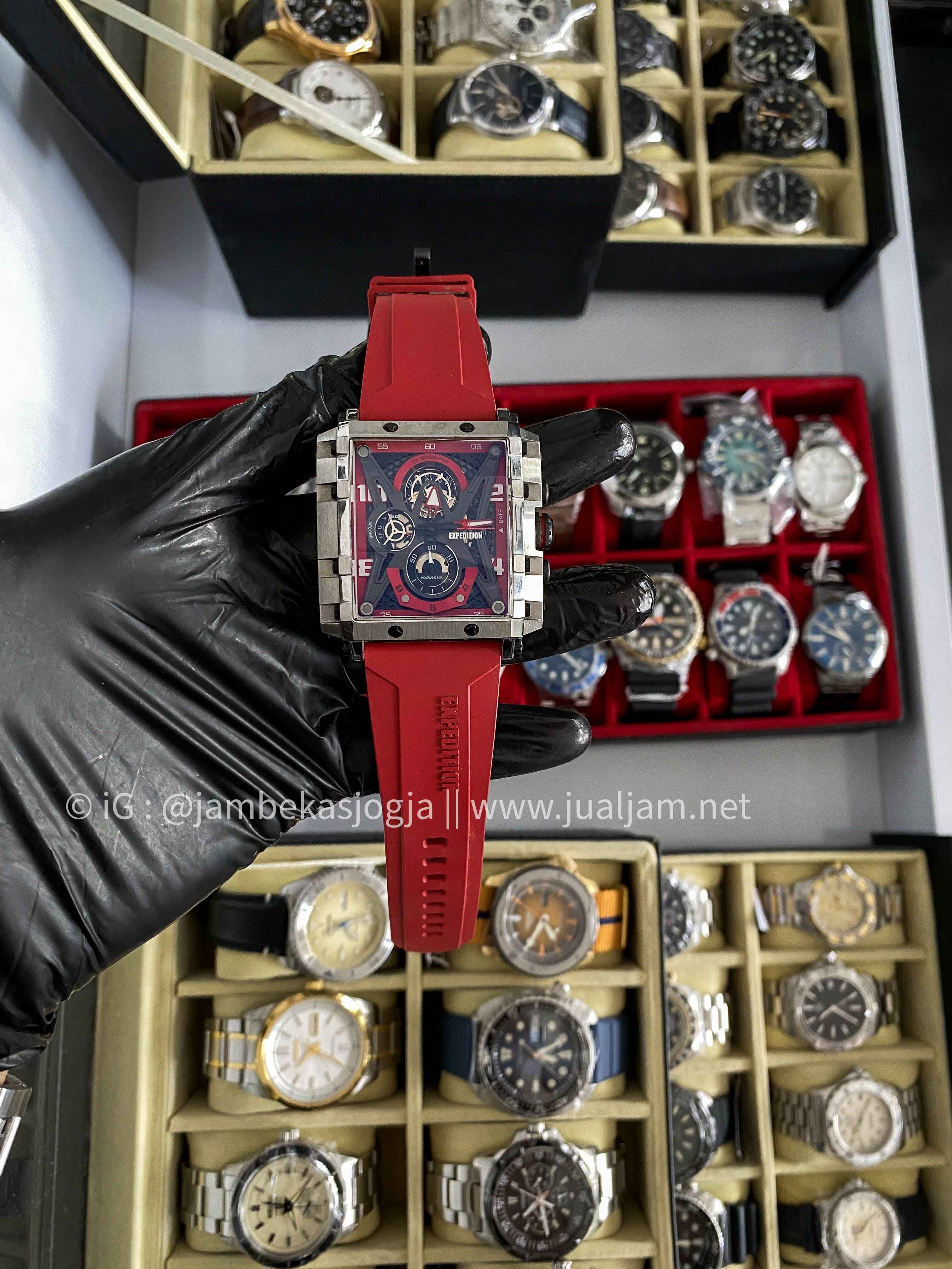 (SKU 284) Expedition Men 6757M Silver Red Original Water Resistant 5 Atm Rubber Strap