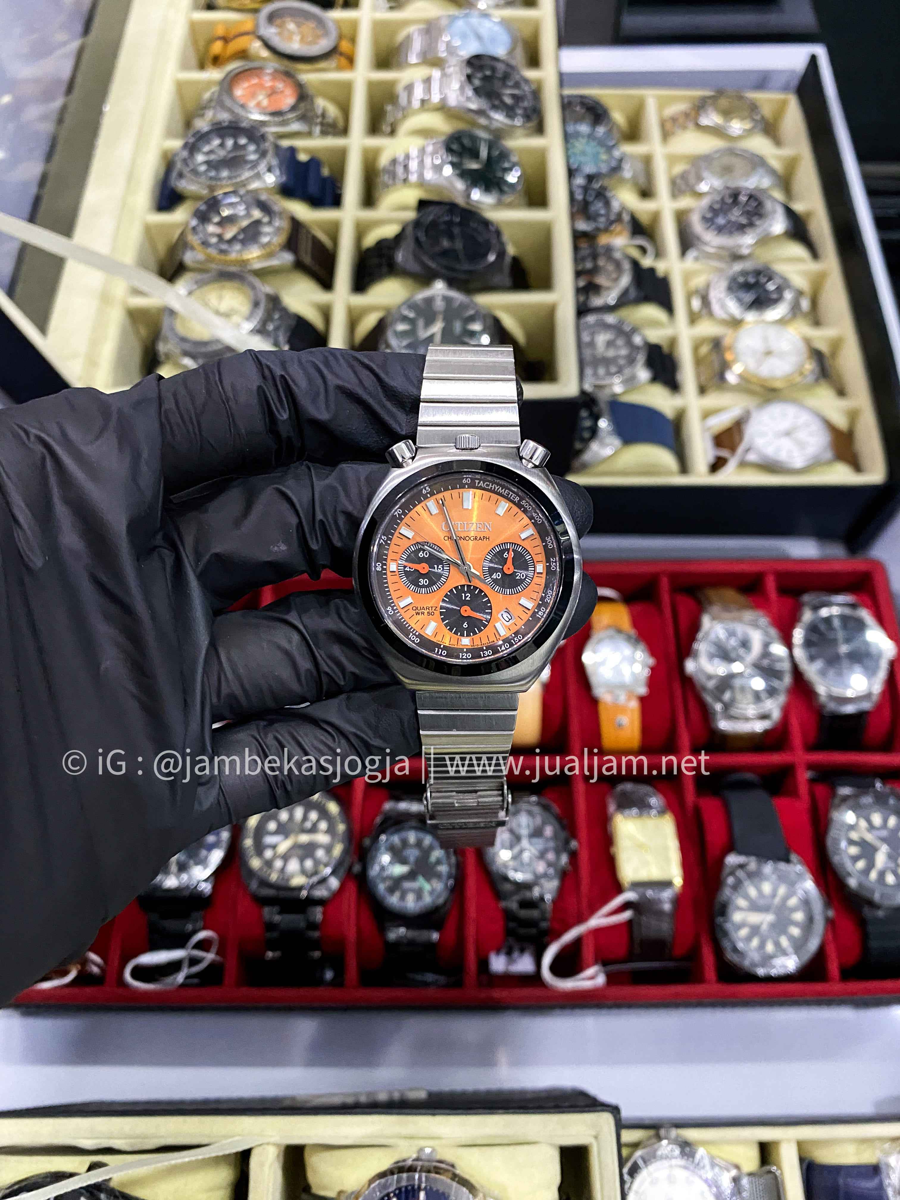 ( SKU 295 ) Citizen Chronograph AN3660-81X Tsuno Chrono Bullhead Orange Dial Stainless Steel Strap