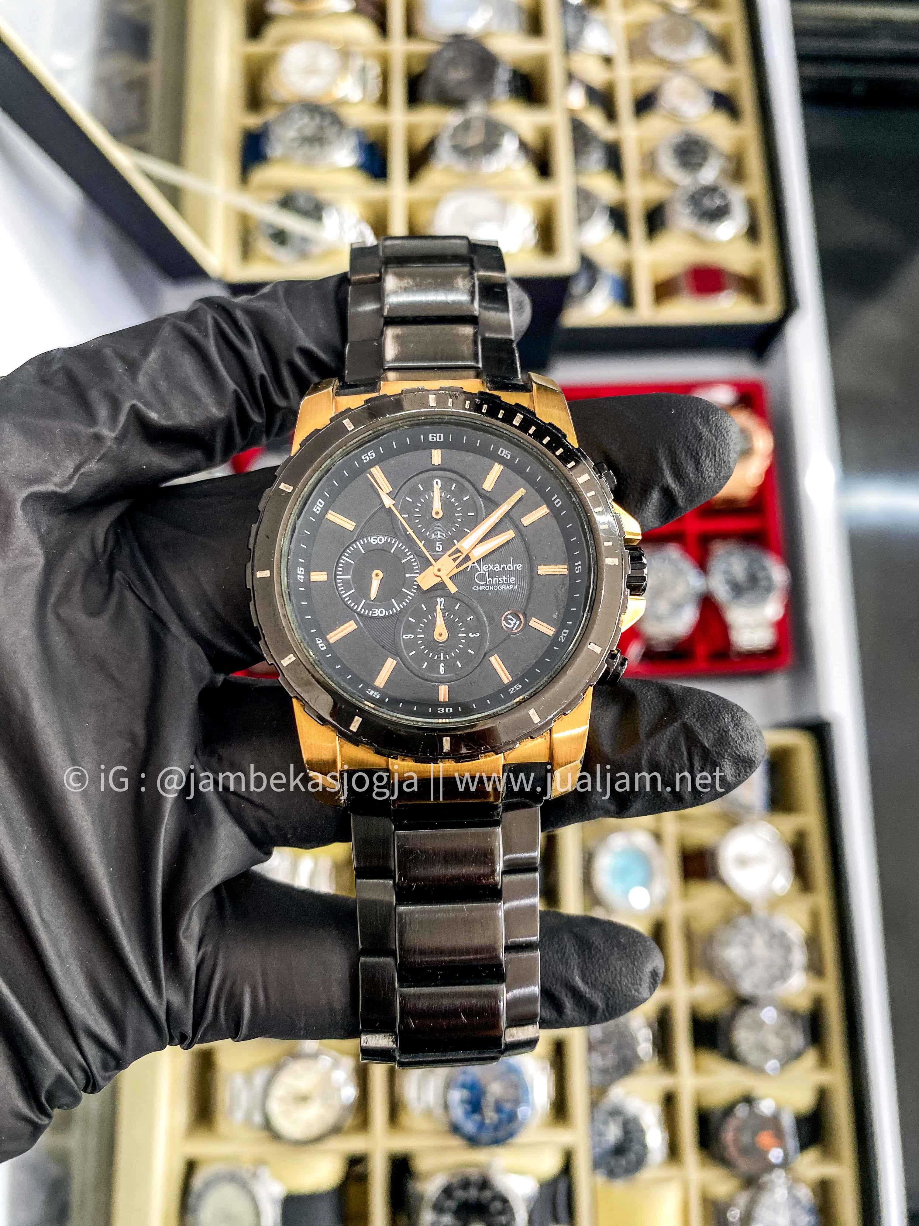 ( SKU 301) Alexandre Christie Chronograph AC 6141 MC RBRBA Men Black Dial Black Stainless Strap