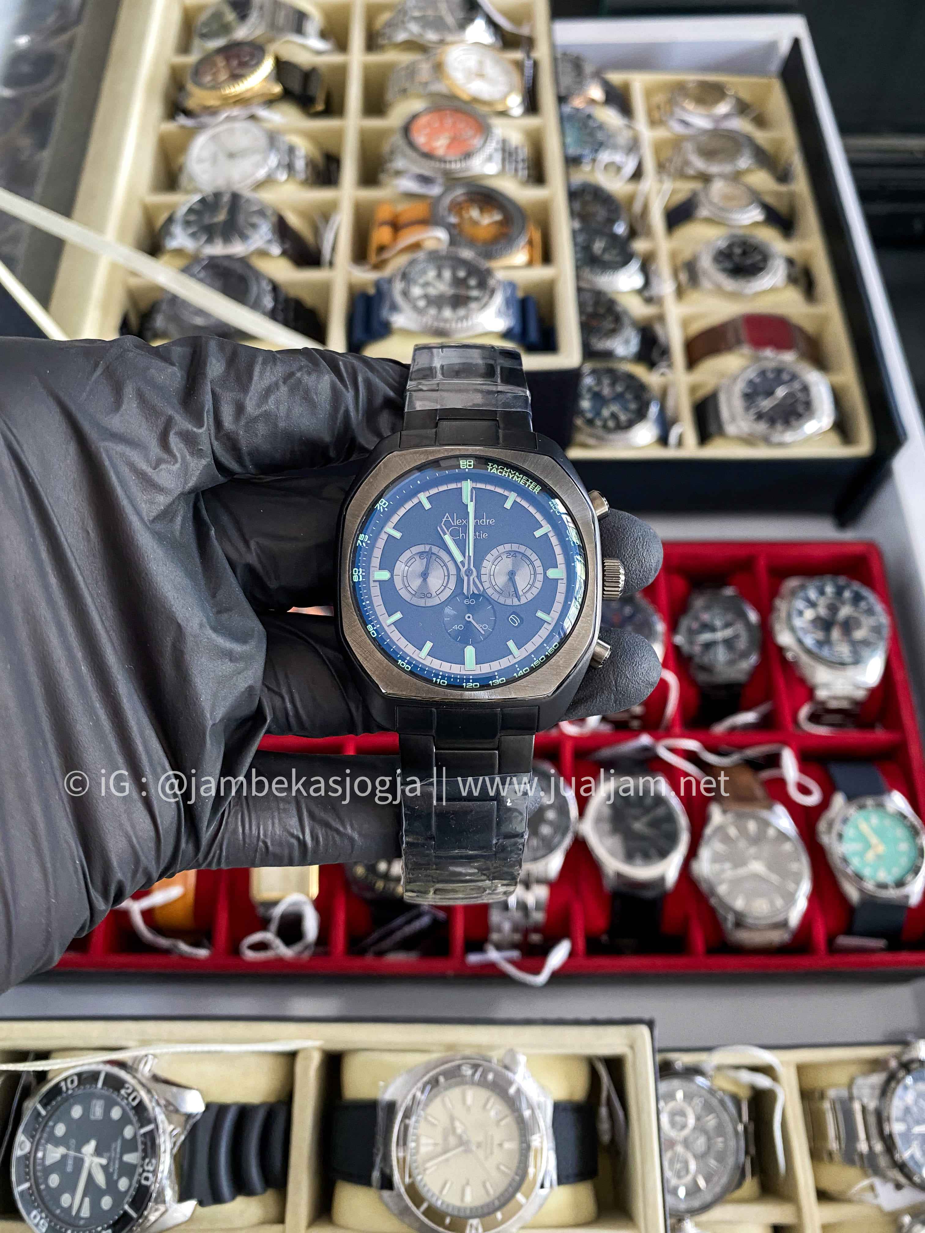 (SKU 312) Alexandre Christie Chronograph AC 6666 MC BEPBALE Men Black Stainless Steel Strap + Extra Strap (NEW BELUM TERPAKAI )