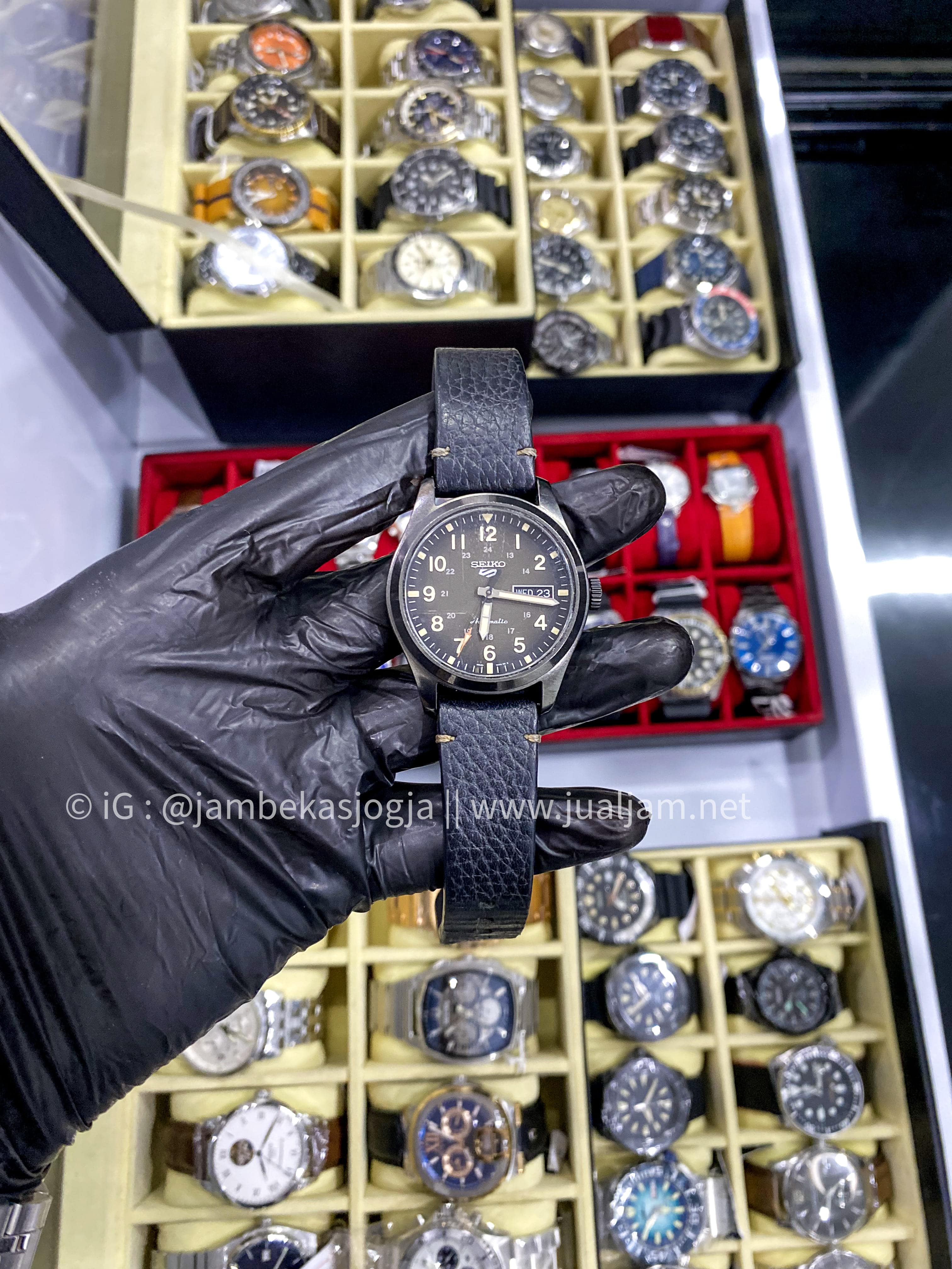 (SKU 116) Seiko 5 Sports SRPG41K1 Field Specialist Style Black Dial Black Leather Strap