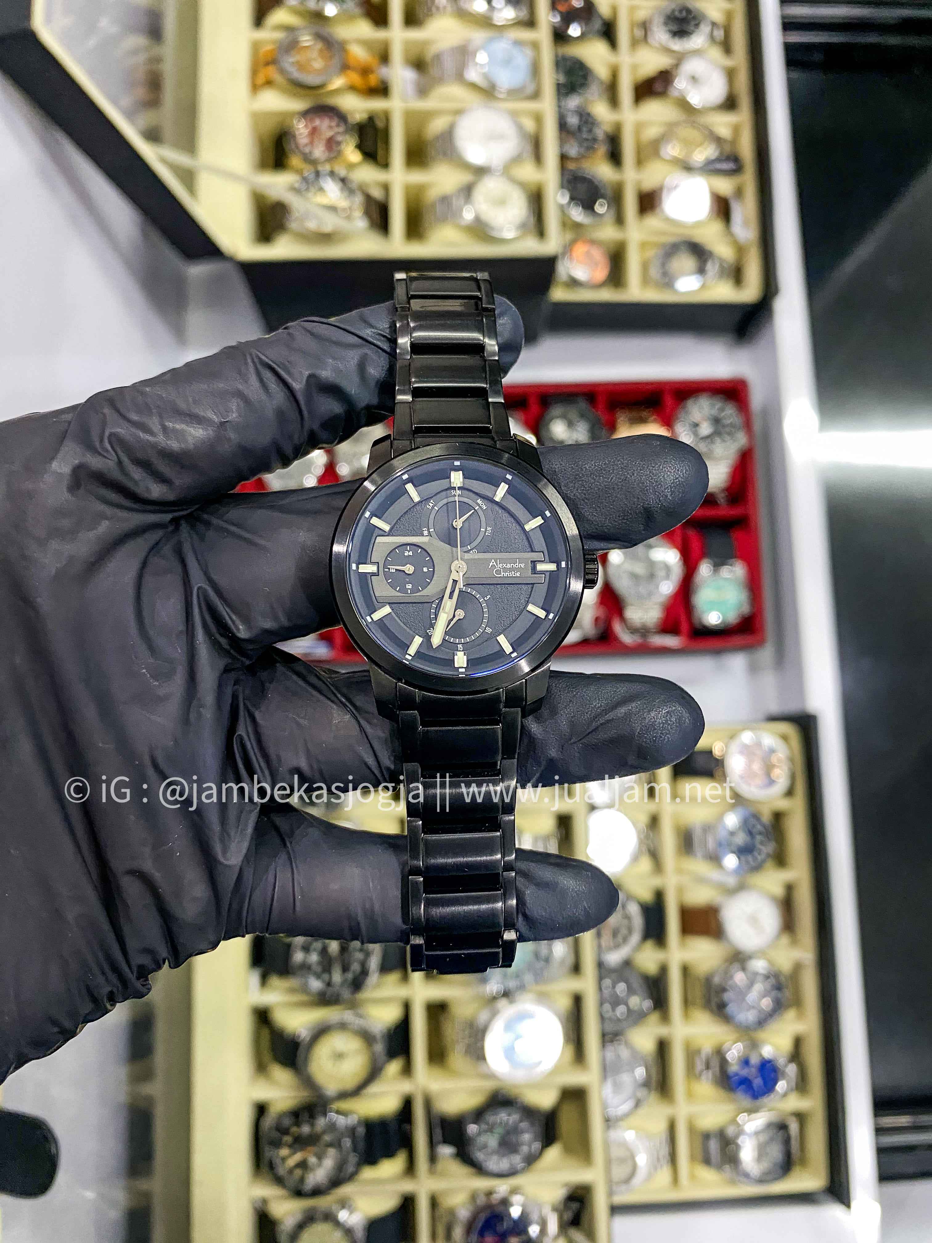 (SKU 358) Alexandre Christie Multifunction AC 6562 BF LIPBA Ladies Black Dial Stainless Strap