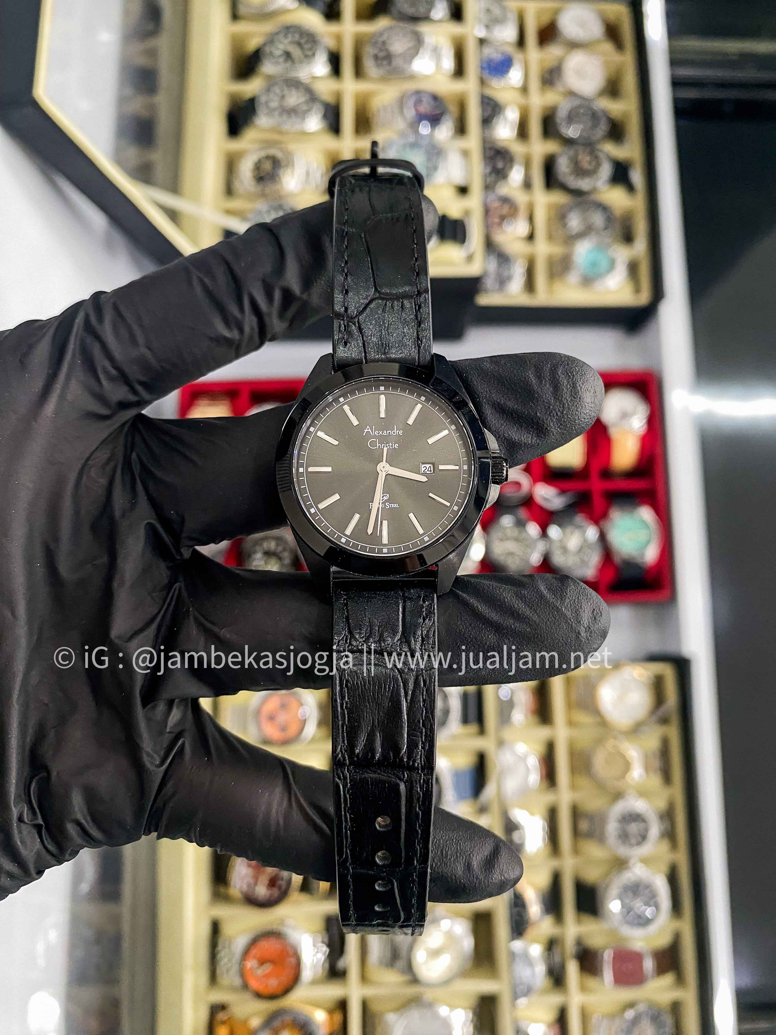 (SKU 376) Alexandre Christie Primo Steel AC 1015 LD LIPBA Ladies Black Dial Black Leather Strap GARANSI RESMI SEPTEMBER 2026