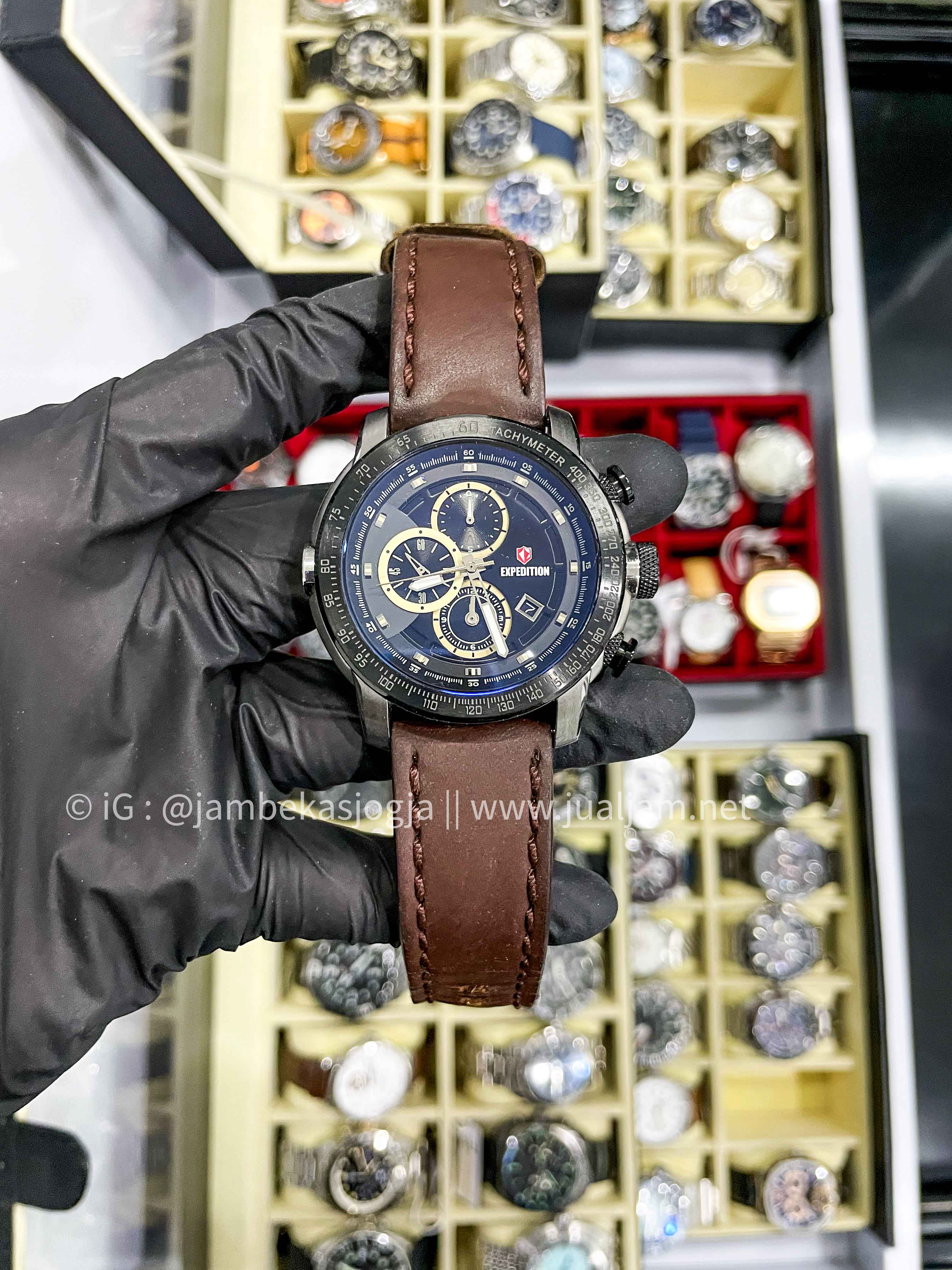 (SKU 399) Expedition E 6372 MC LGRBA Chronograph Man Black Dial Brown Leather Strap