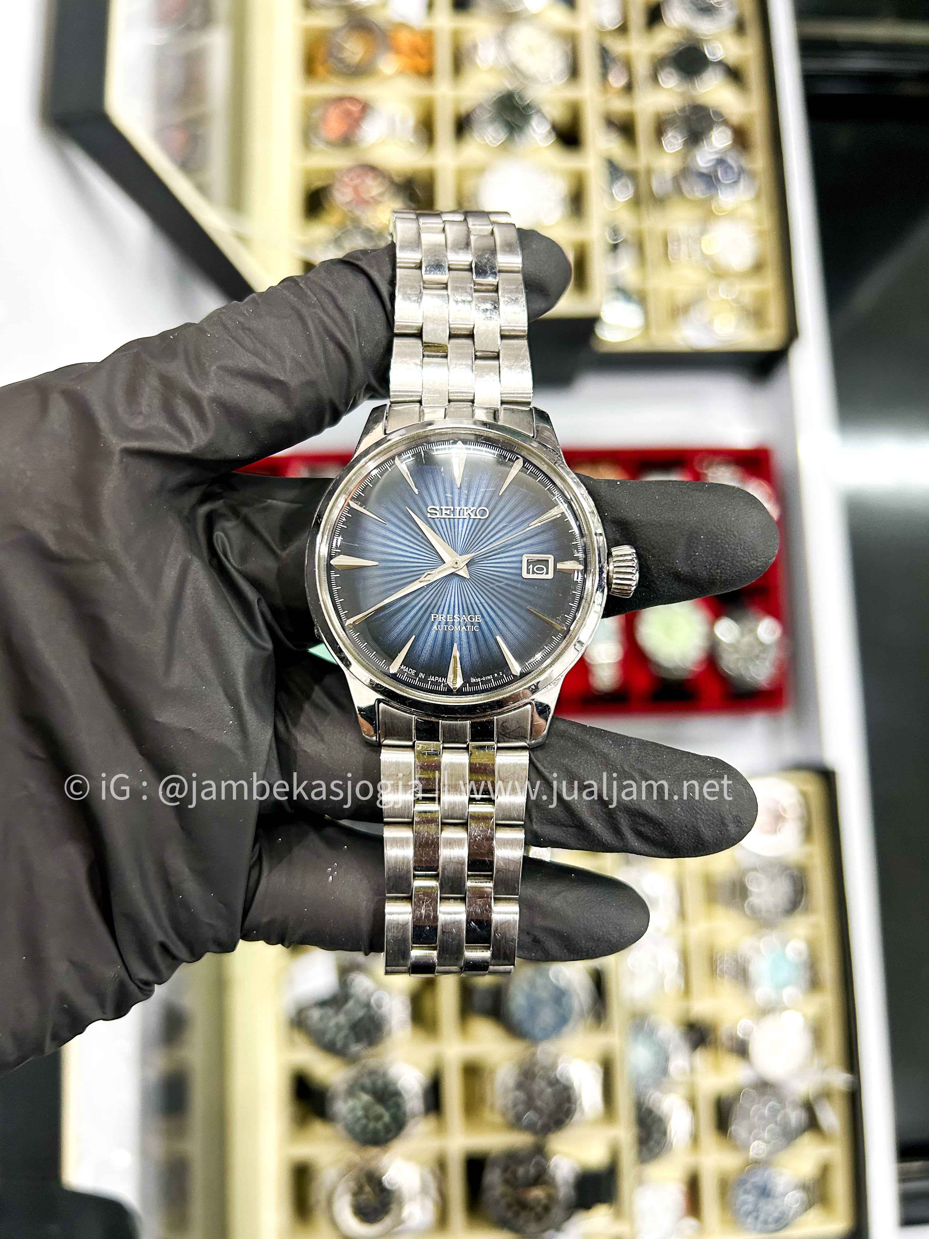 (SKU 413) Seiko Presage SRPB41J1 Cocktail Time Blue Moon Blue Gradation Texture Dial Stainless Steel Strap