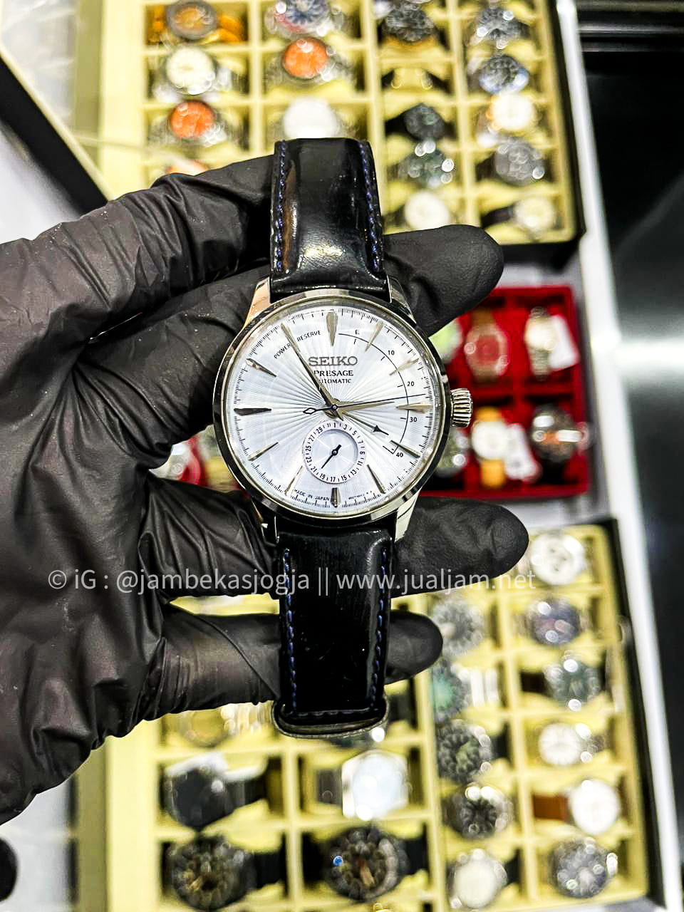 (SKU 421) Seiko Presage SSA343J1 Cocktail Time Skydiving Automatic Ice Blue Texture Dial Black Leather Strap