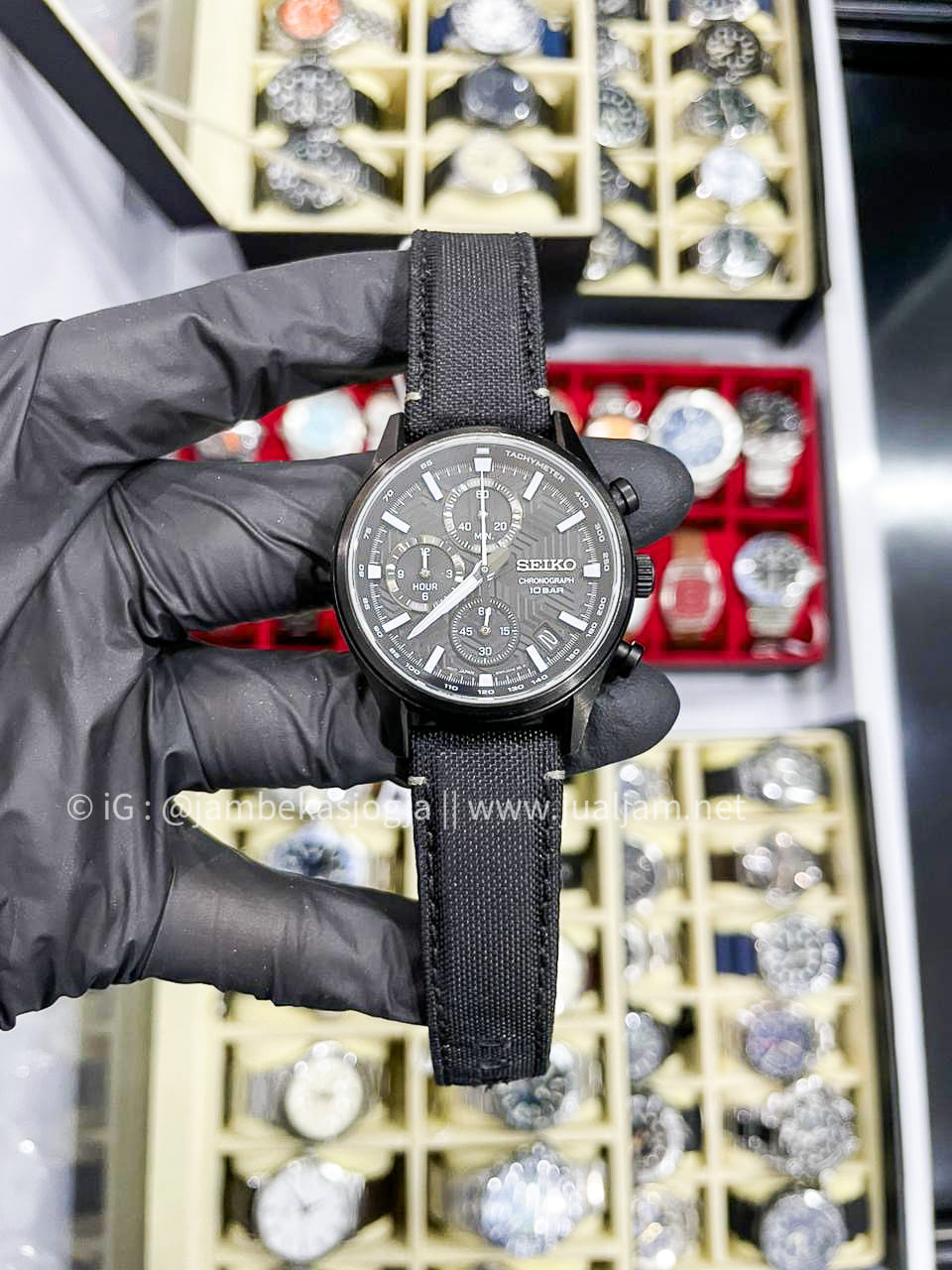 (SKU 460) Seiko Chronograph SSB421P1 Discover More Black Dial Black Nylon Strap