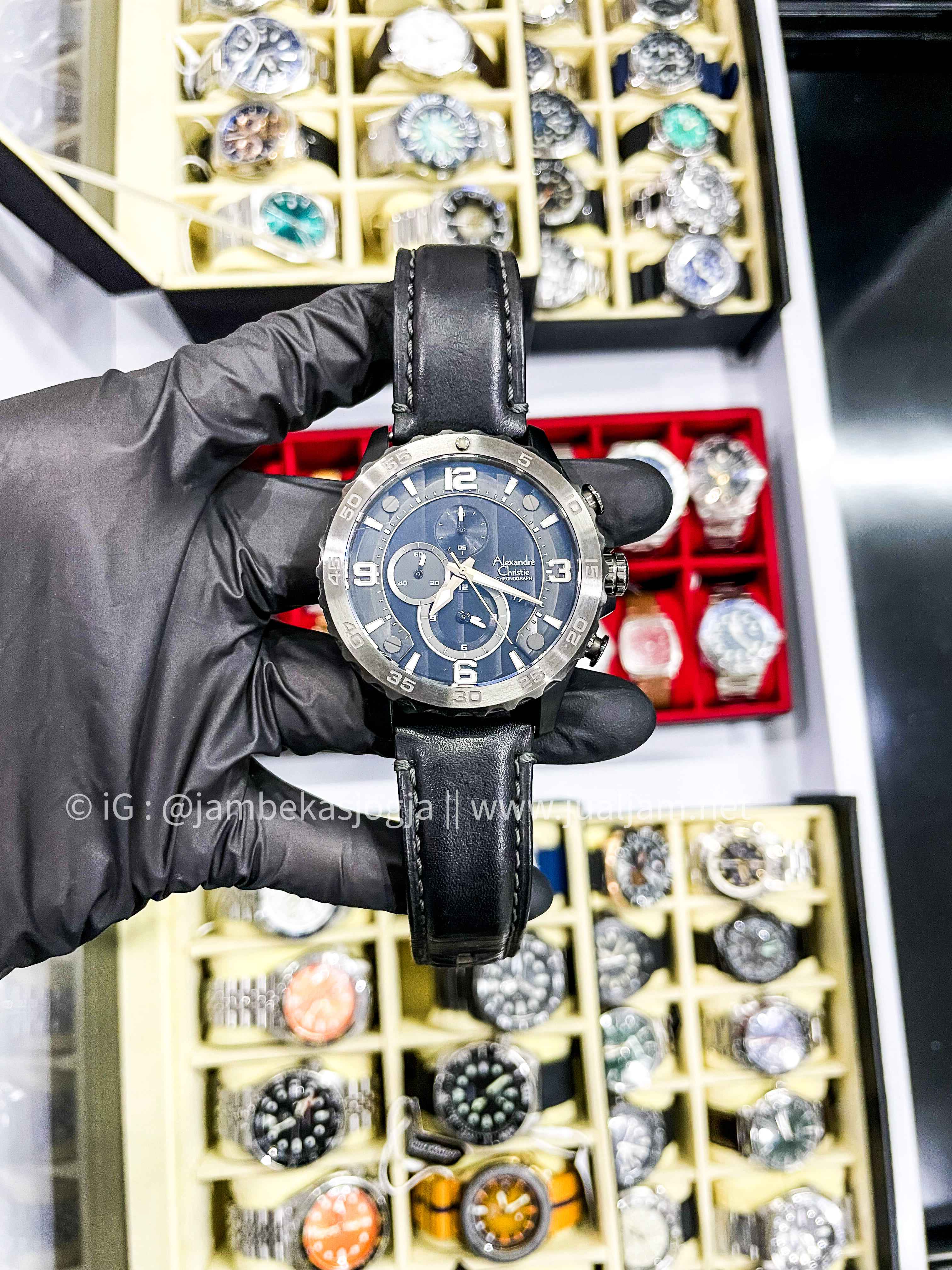 (SKU 478) Alexandre Christie AC 6505 MC LTBBA Chronograph Men Black Dial Black Leather Strap