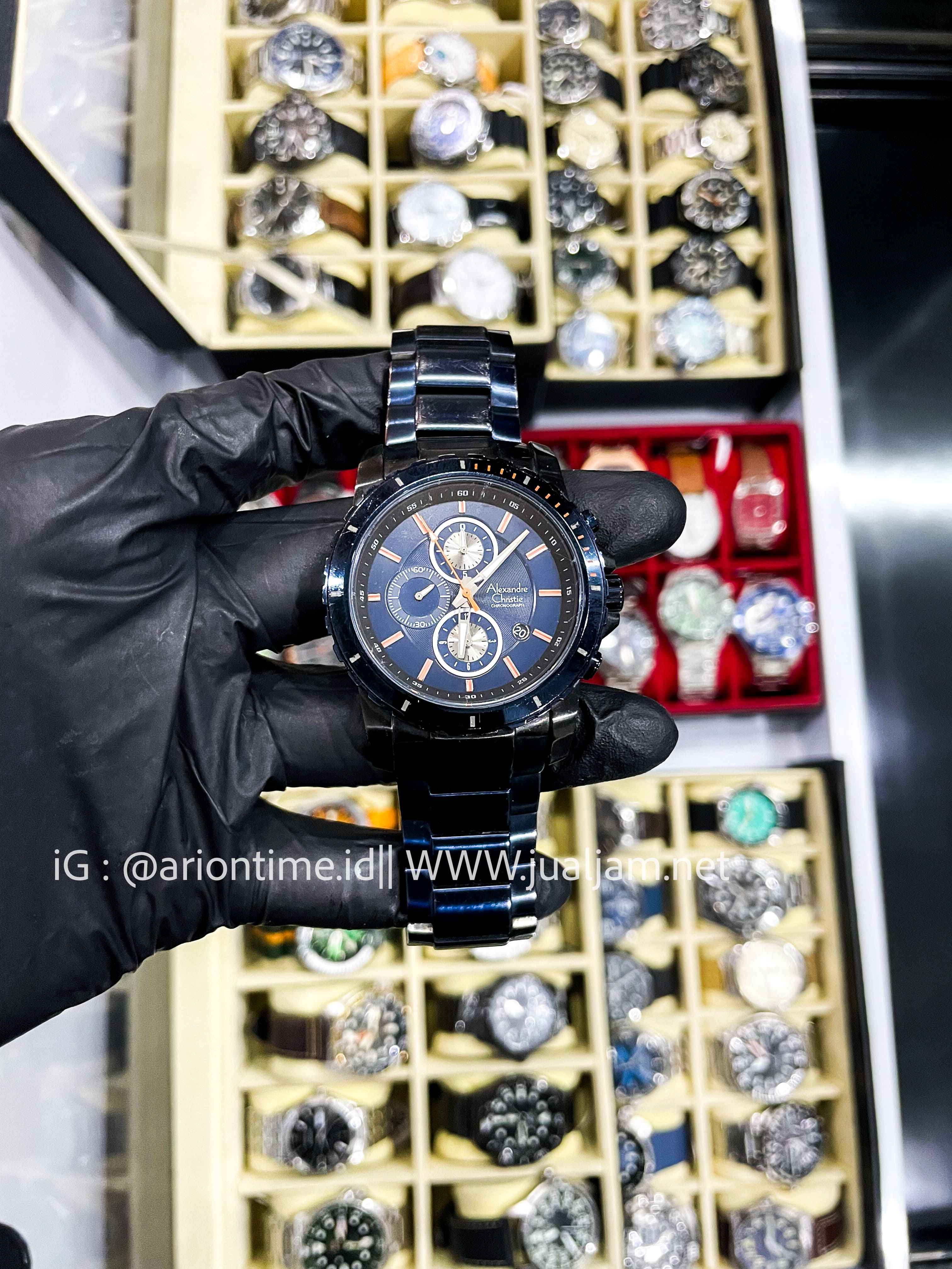 (SKU 520) Alexandre Christie Chronograph AC 6141 MC BUBBU Men Blue Dial Blue Stainless Steel Strap